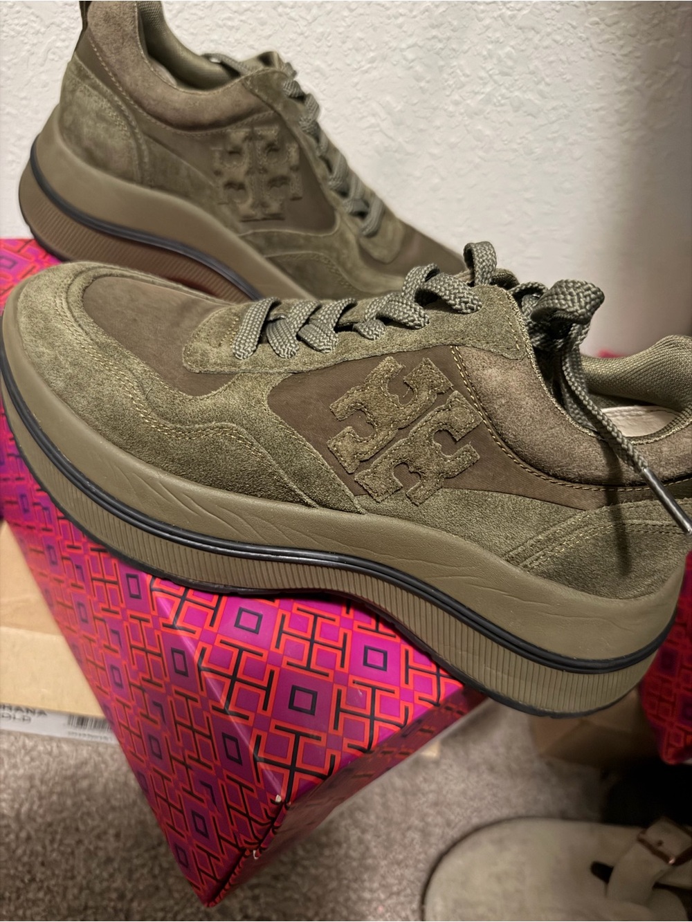 Tory Burch Olive Green Suede Platform Sneakers